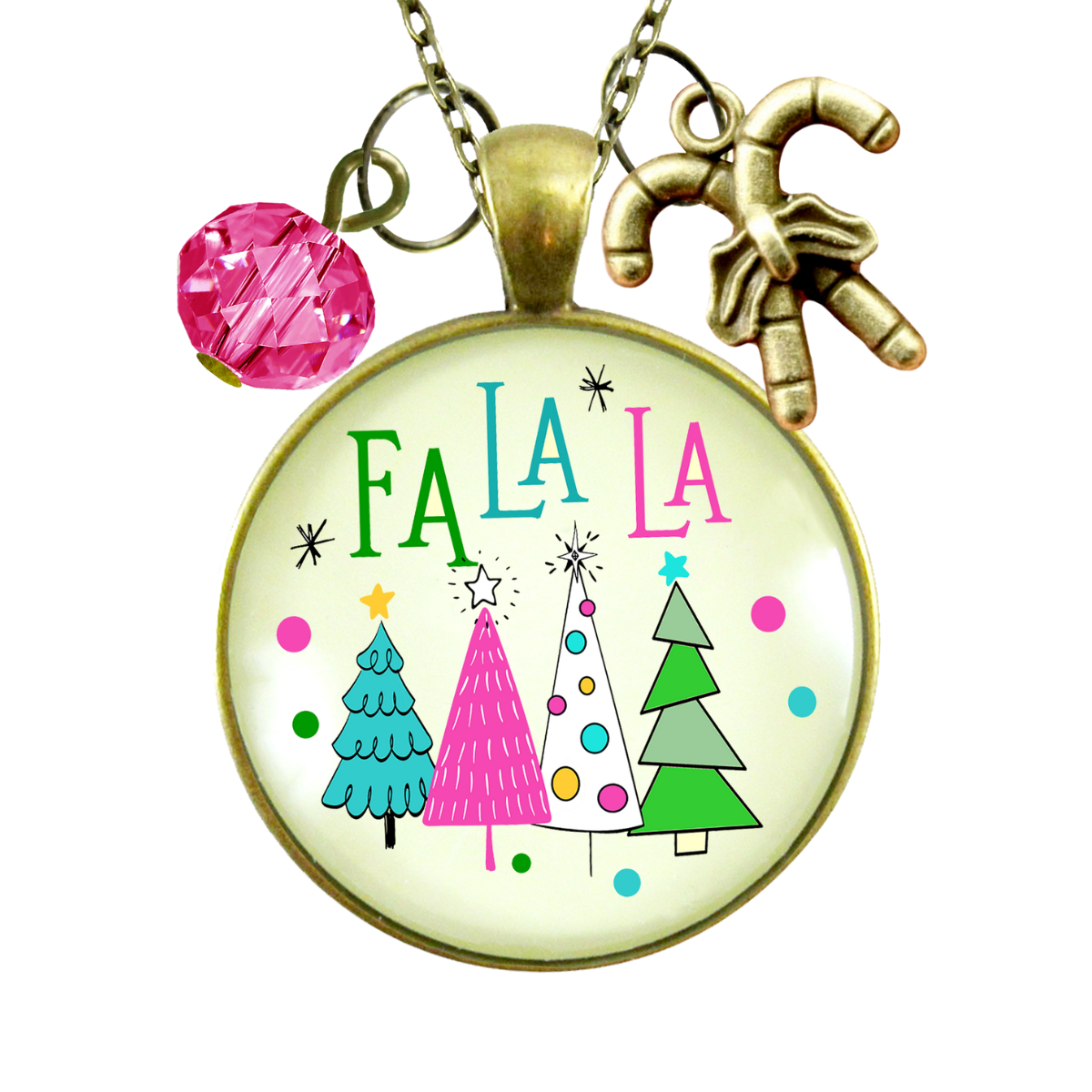 Christmas Candy Cane Charm Necklace Fa La La Pink Holiday Trees Fun Festive Winter Jewelry  Necklace - Gutsy Goodness Handmade Jewelry