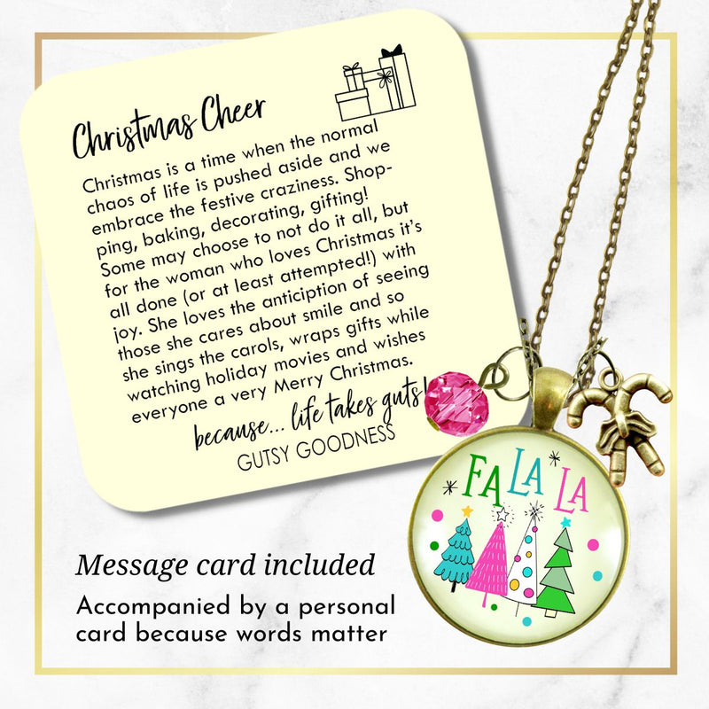 Christmas Candy Cane Charm Necklace Fa La La Pink Holiday Trees Fun Festive Winter Jewelry  Necklace - Gutsy Goodness Handmade Jewelry