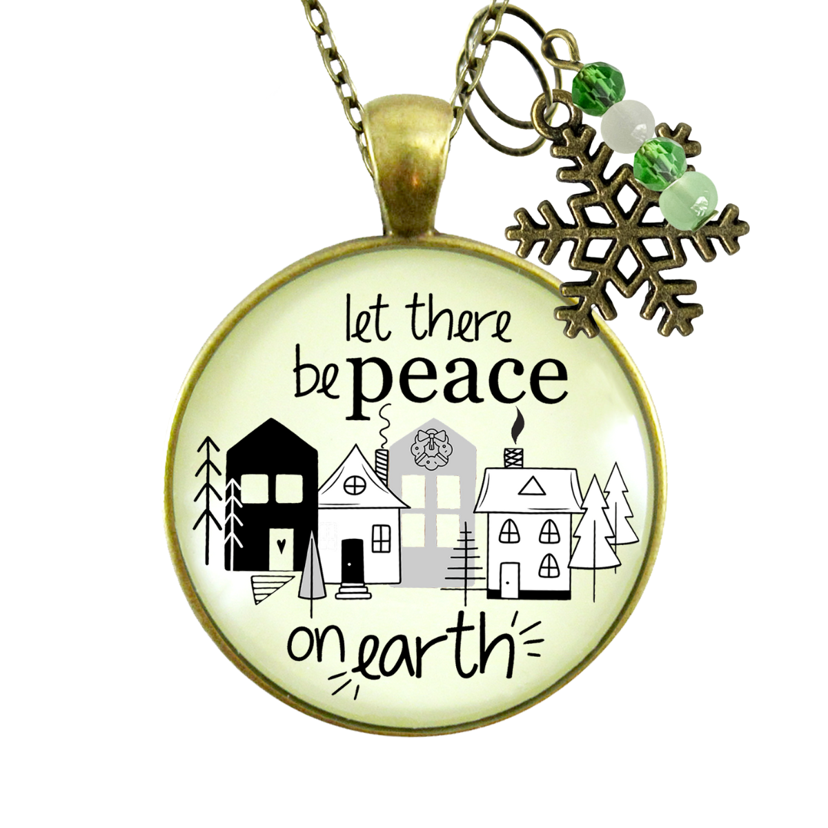 Christmas Village Let There Be Peace On Earth Necklace Handmade Winter Holidays Snowflake Charm Green Beads Jewelry  Necklace - Gutsy Goodness Handmade Jewelry