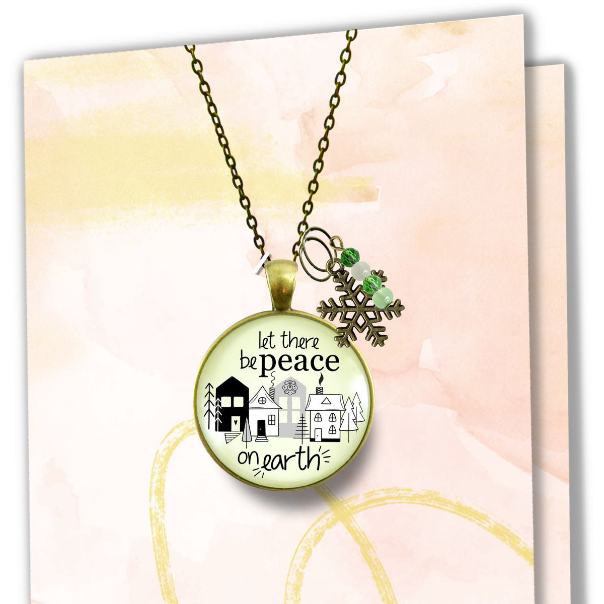 Christmas Village Let There Be Peace On Earth Necklace Handmade Winter Holidays Snowflake Charm Green Beads Jewelry