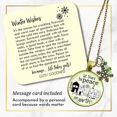 Christmas Village Let There Be Peace On Earth Necklace Handmade Winter Holidays Snowflake Charm Green Beads Jewelry