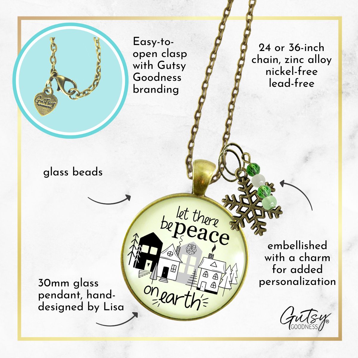 Christmas Village Let There Be Peace On Earth Necklace Handmade Winter Holidays Snowflake Charm Green Beads Jewelry