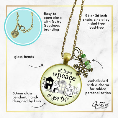 Christmas Village Let There Be Peace On Earth Necklace Handmade Winter Holidays Snowflake Charm Green Beads Jewelry