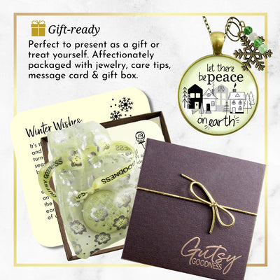 Christmas Village Let There Be Peace On Earth Necklace Handmade Winter Holidays Snowflake Charm Green Beads Jewelry  Necklace - Gutsy Goodness Handmade Jewelry