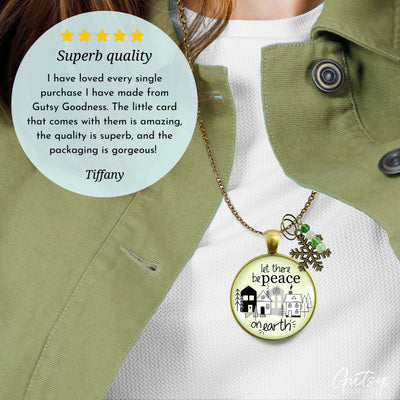 Christmas Village Let There Be Peace On Earth Necklace Handmade Winter Holidays Snowflake Charm Green Beads Jewelry
