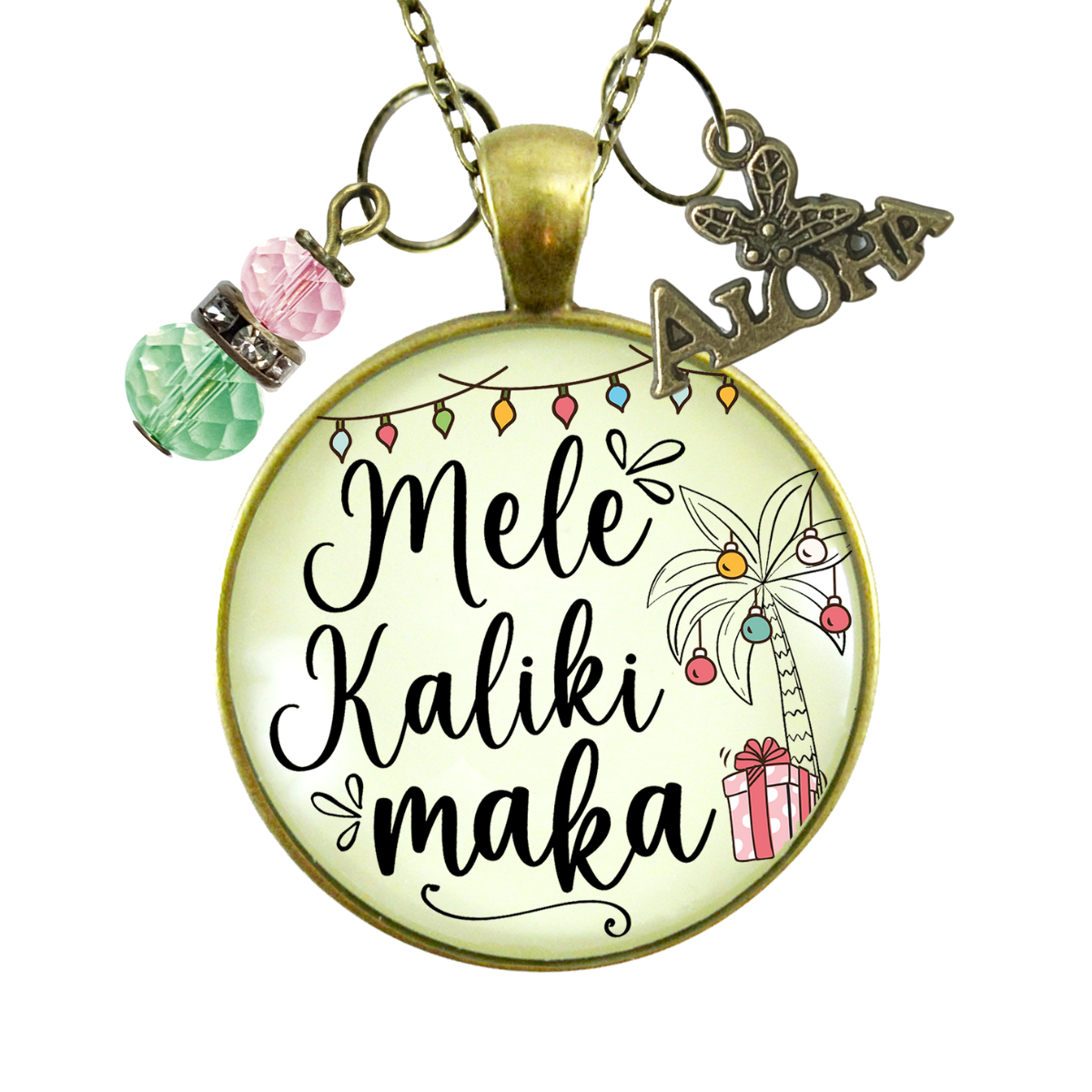 Mele Kalikimaka Christmas Hawaiian Necklace Holiday Merry Christmas Pink Green Festive Jewelry Gift  Necklace - Gutsy Goodness Handmade Jewelry