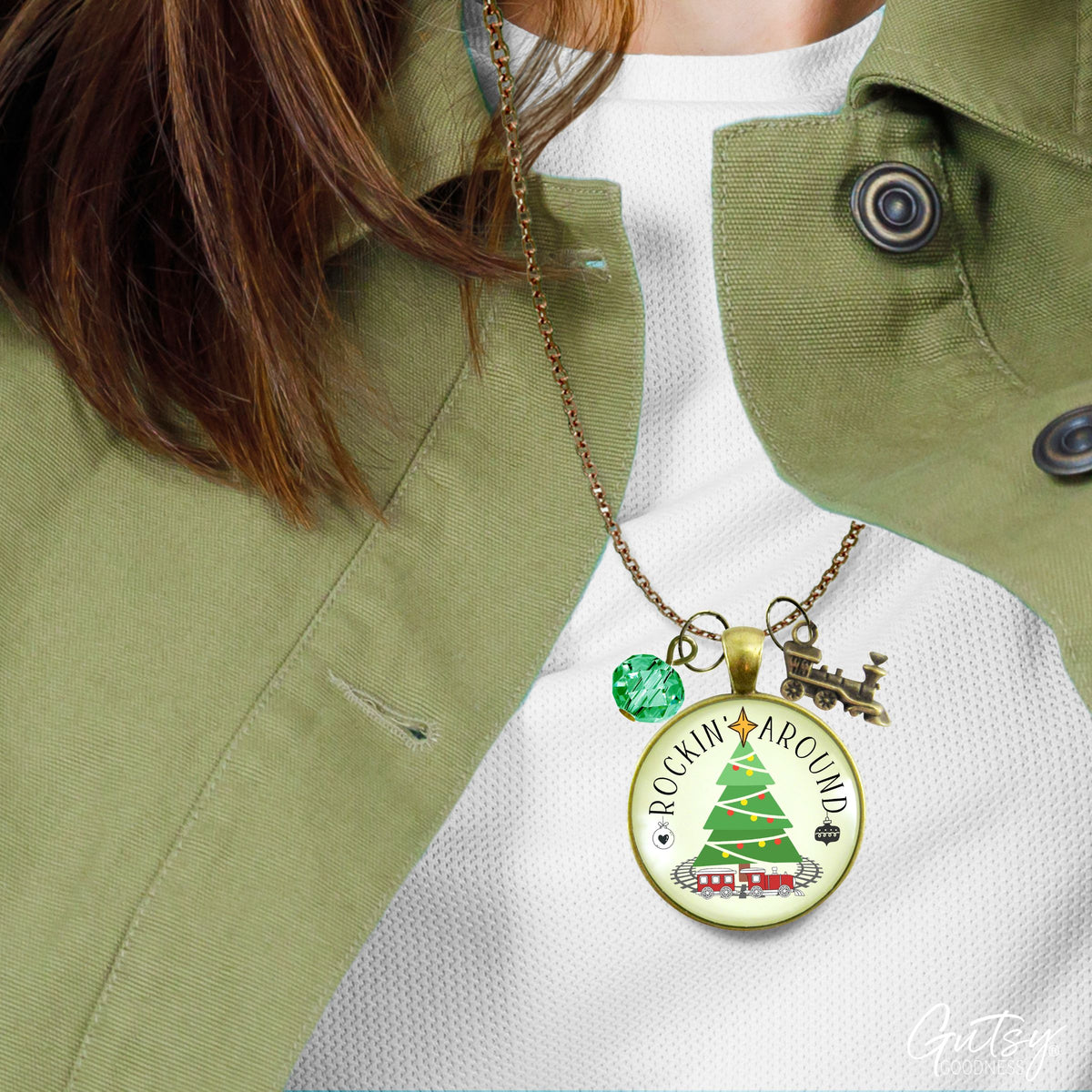 Christmas Train Holiday Tree Necklace Rocking Around Festive Merry Handmade Seasonal Gift Jewelry