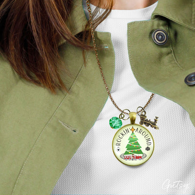 Christmas Train Holiday Tree Necklace Rocking Around Festive Merry Handmade Seasonal Gift Jewelry