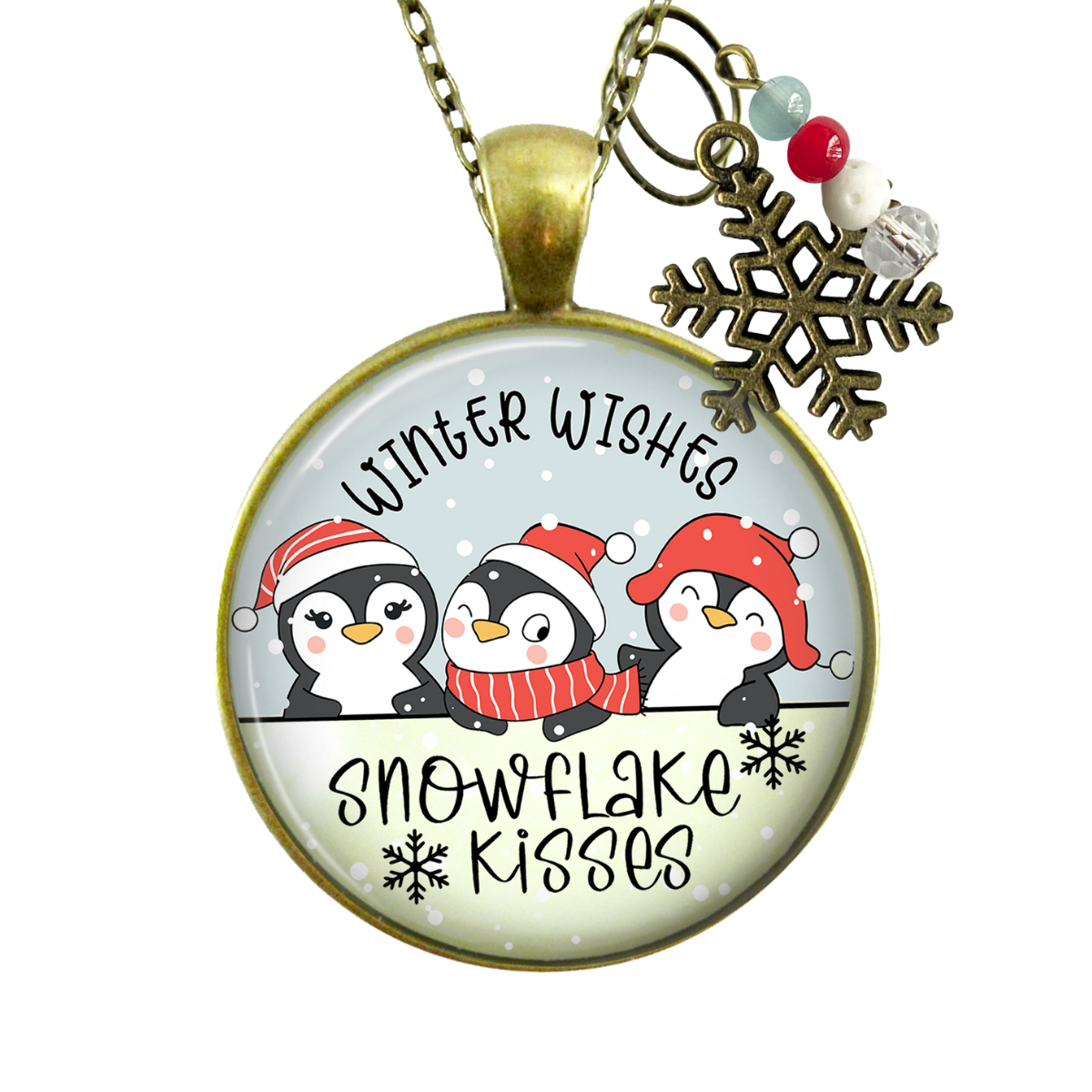 Christmas Penguin Stocking Stuffer Necklace Winter Wishes Snowflake Kisses Charm Handmade Gift Pendant Jewelry  Necklace - Gutsy Goodness Handmade Jewelry