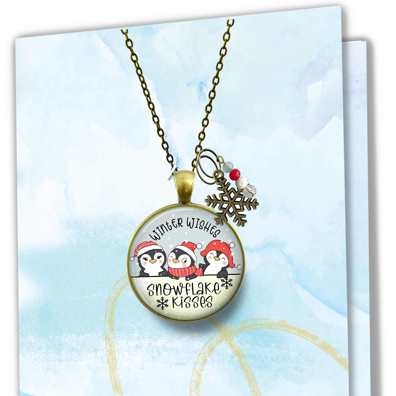 Christmas Penguin Stocking Stuffer Necklace Winter Wishes Snowflake Kisses Charm Handmade Gift Pendant Jewelry