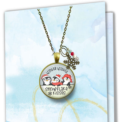 Christmas Penguin Stocking Stuffer Necklace Winter Wishes Snowflake Kisses Charm Handmade Gift Pendant Jewelry