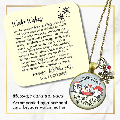 Christmas Penguin Stocking Stuffer Necklace Winter Wishes Snowflake Kisses Charm Handmade Gift Pendant Jewelry
