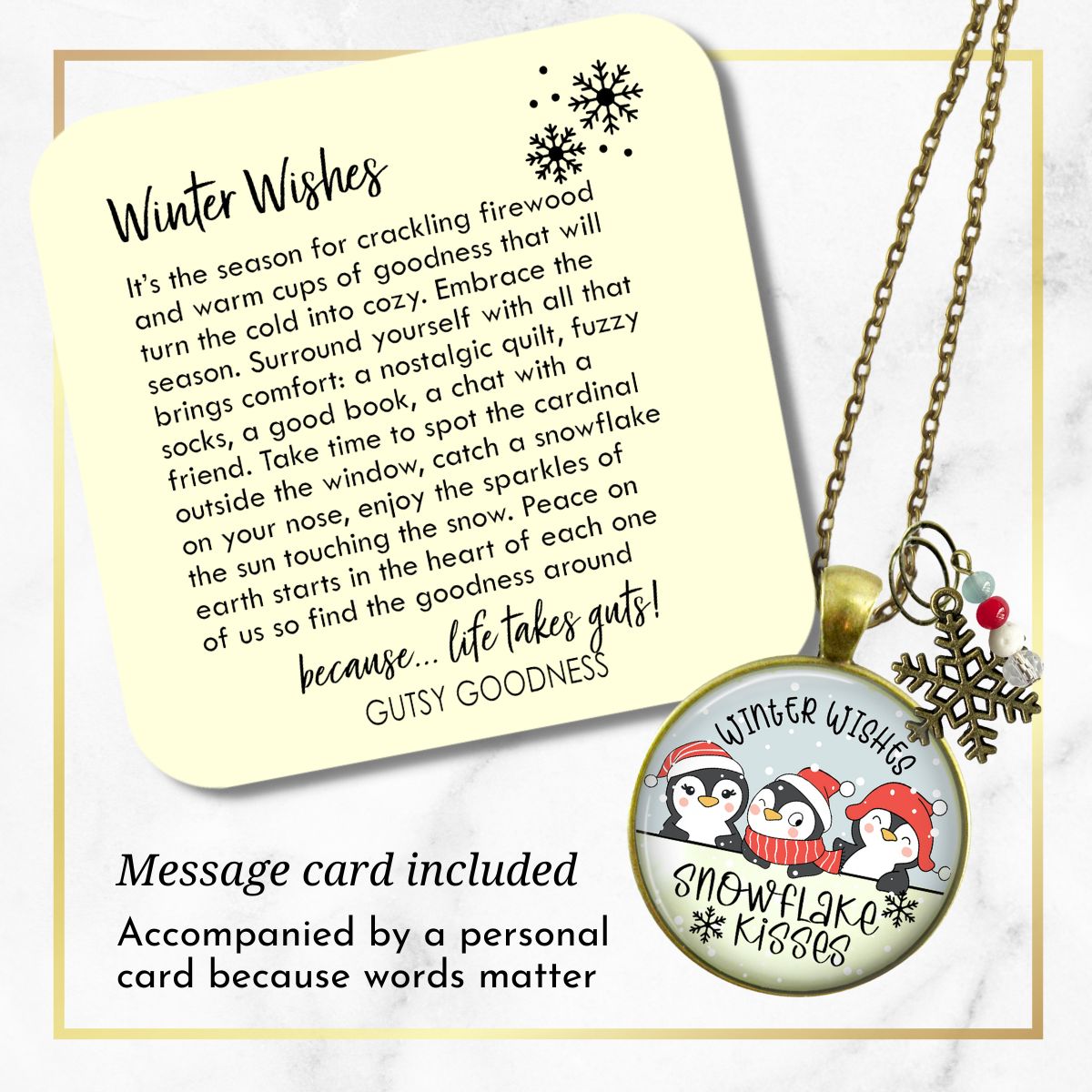 Christmas Penguin Stocking Stuffer Necklace Winter Wishes Snowflake Kisses Charm Handmade Gift Pendant Jewelry  Necklace - Gutsy Goodness Handmade Jewelry