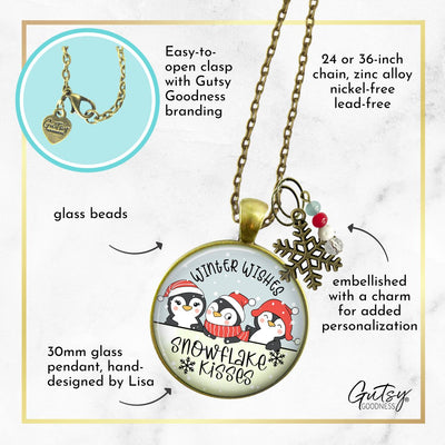 Christmas Penguin Stocking Stuffer Necklace Winter Wishes Snowflake Kisses Charm Handmade Gift Pendant Jewelry