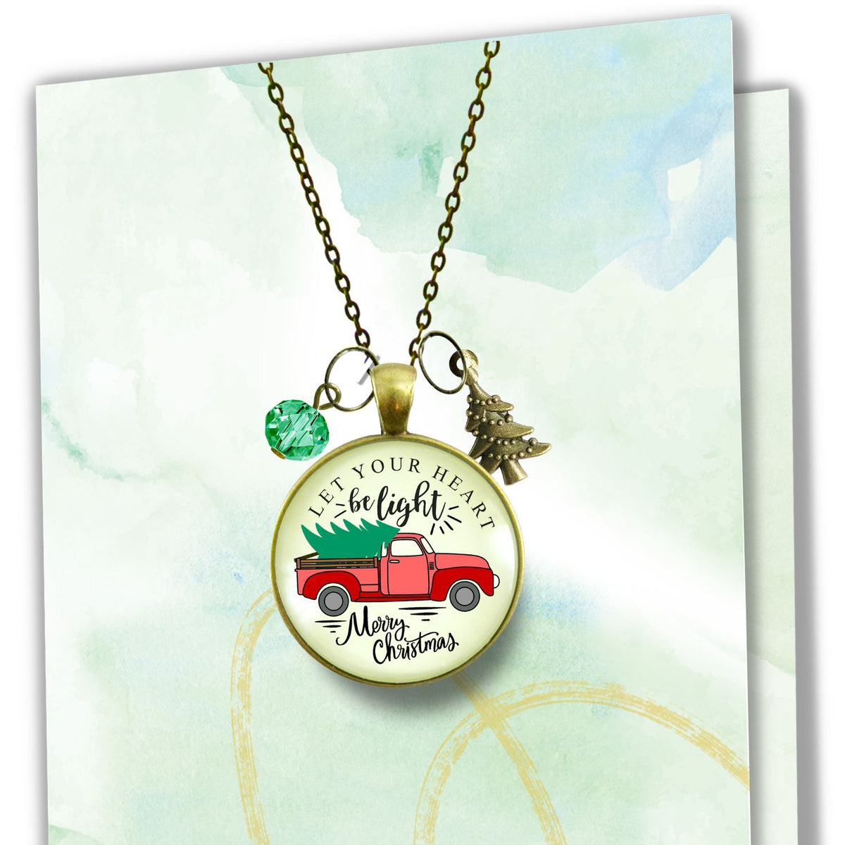 Red Truck Christmas Tree Necklace Handmade Holiday Let Your Heart Be Light Charm Gift Pendant Jewelry