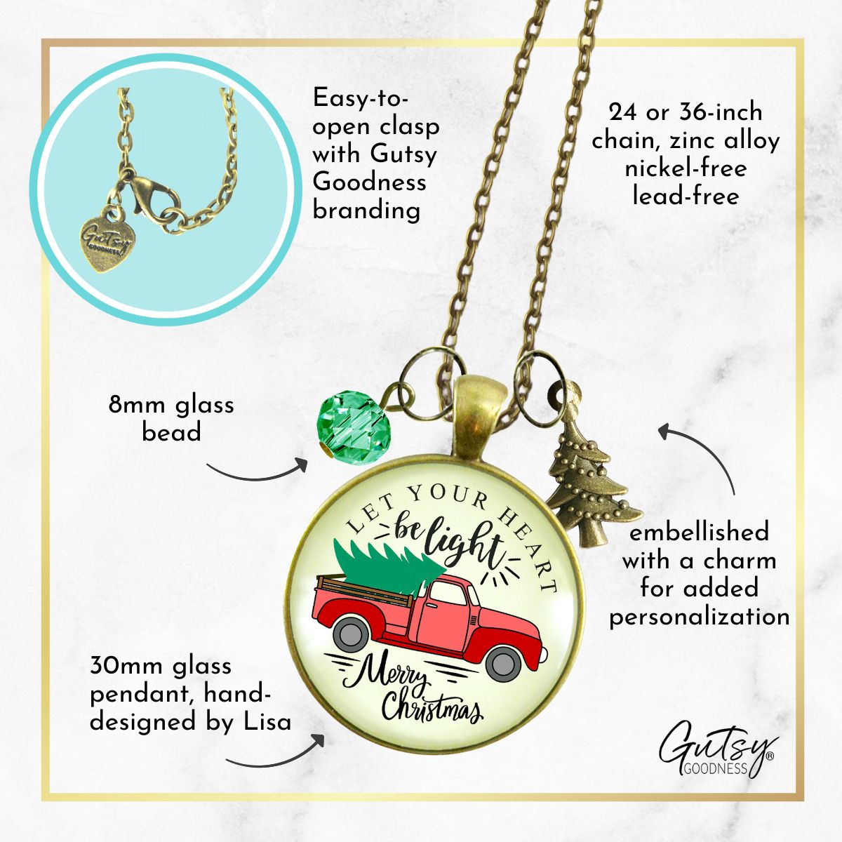 Red Truck Christmas Tree Necklace Handmade Holiday Let Your Heart Be Light Charm Gift Pendant Jewelry