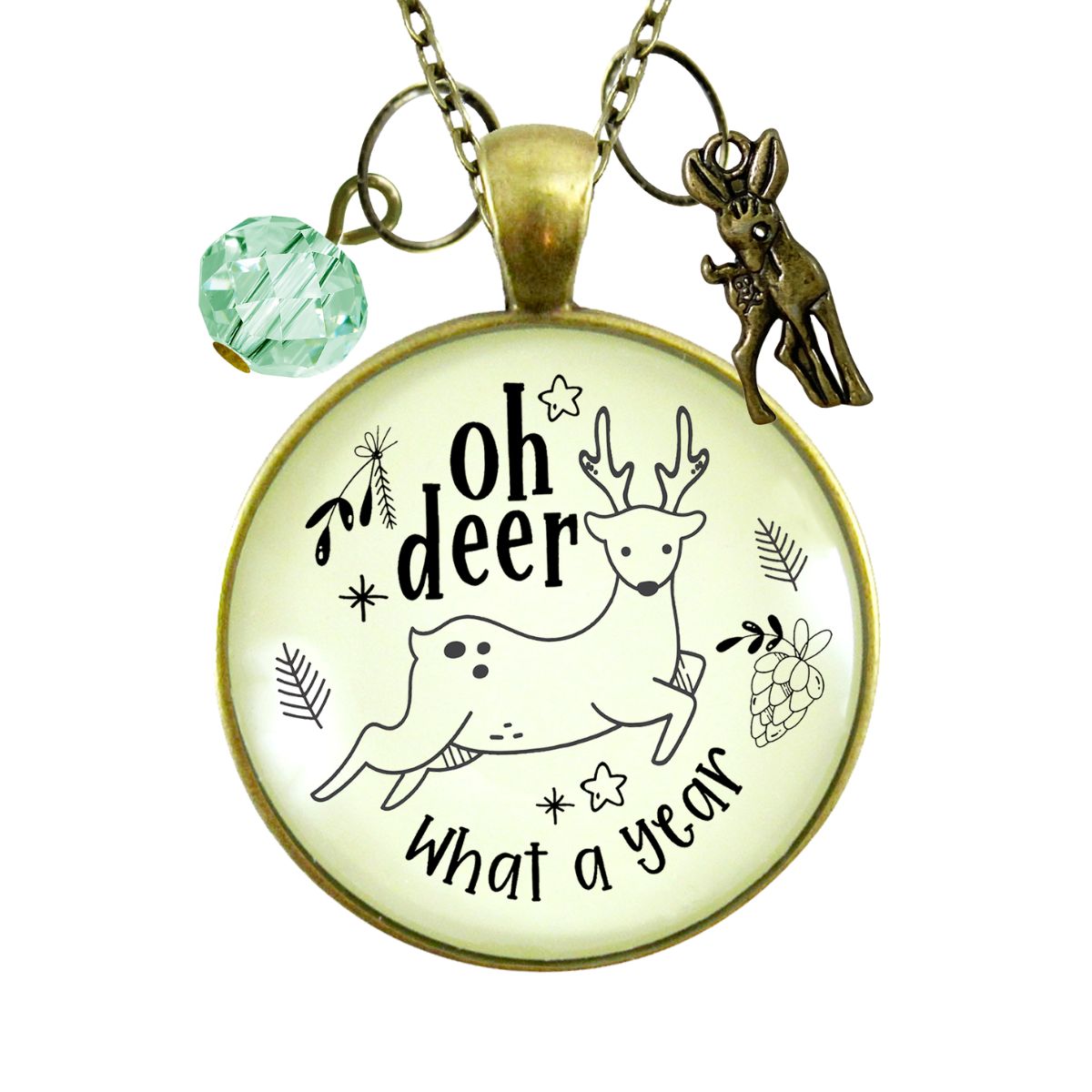 Deer Charm Necklace Oh Deer What a Year Message Jewelry Handmade Glass Pendant Holiday New Year's Gift