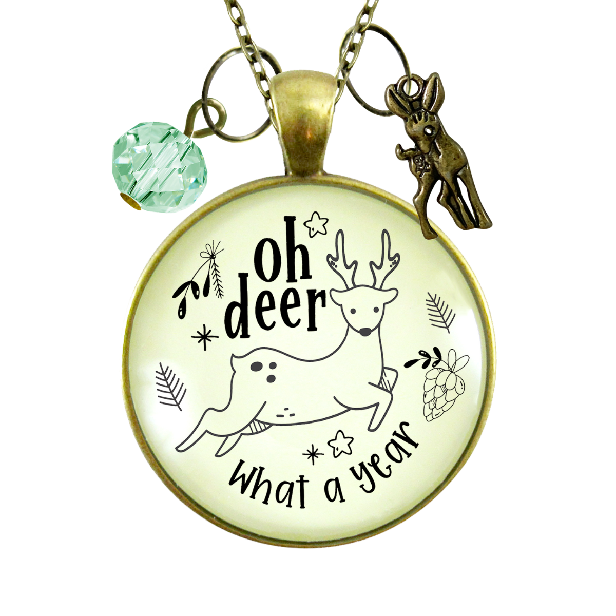 Deer Charm Necklace Oh Deer What a Year Message Jewelry Handmade Glass Pendant Holiday New Year's Gift  Necklace - Gutsy Goodness Handmade Jewelry