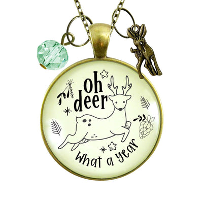 Deer Charm Necklace Oh Deer What a Year Message Jewelry Handmade Glass Pendant Holiday New Year's Gift