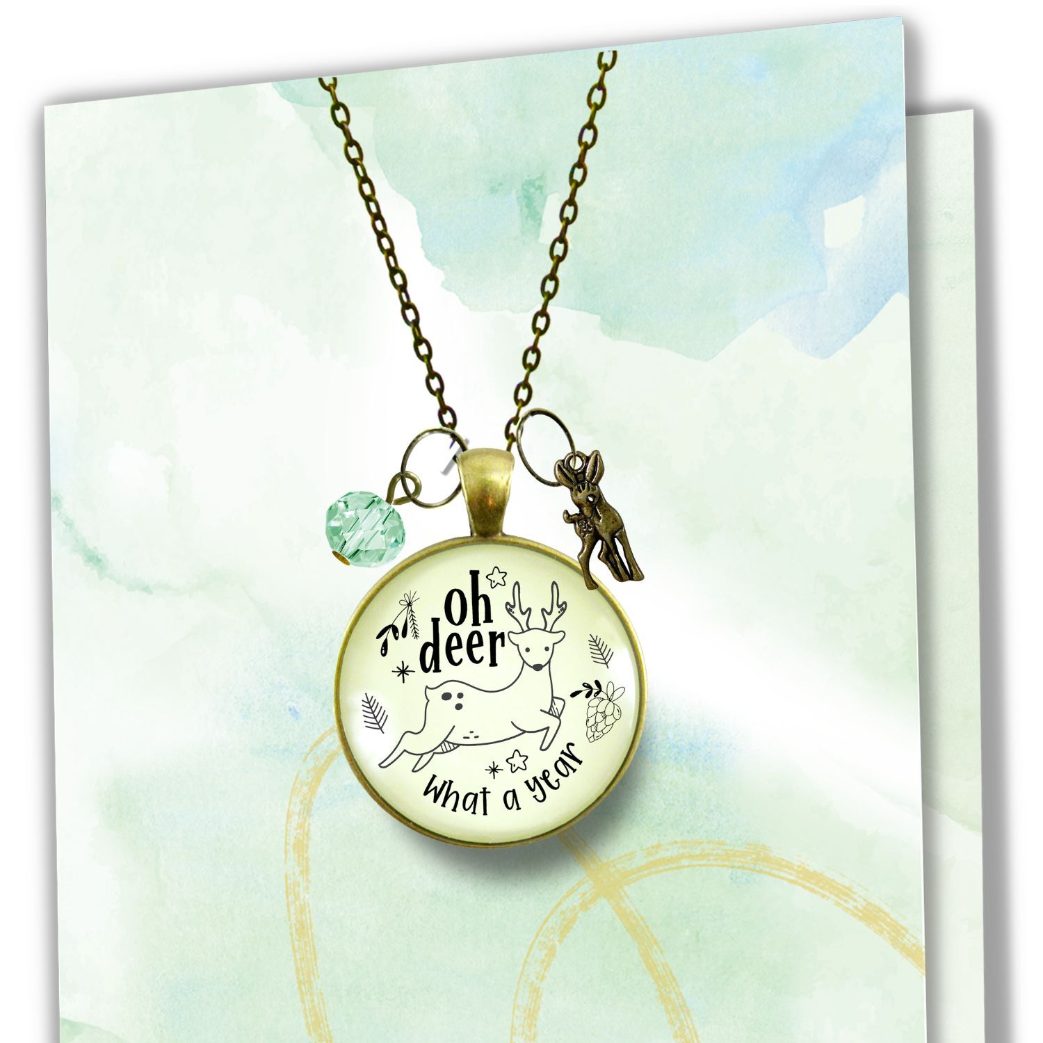 Deer Charm Necklace Oh Deer What a Year Message Jewelry Handmade Glass Pendant Holiday New Year's Gift