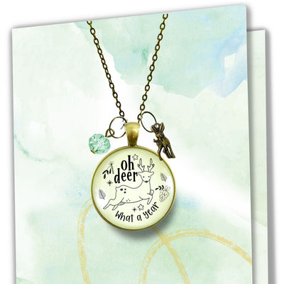 Deer Charm Necklace Oh Deer What a Year Message Jewelry Handmade Glass Pendant Holiday New Year's Gift