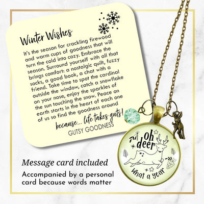 Deer Charm Necklace Oh Deer What a Year Message Jewelry Handmade Glass Pendant Holiday New Year's Gift