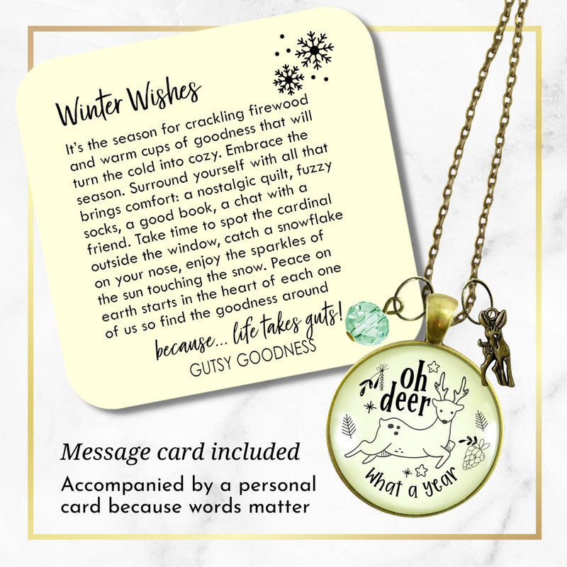 Deer Charm Necklace Oh Deer What a Year Message Jewelry Handmade Glass Pendant Holiday New Year's Gift
