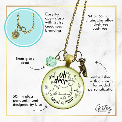 Deer Charm Necklace Oh Deer What a Year Message Jewelry Handmade Glass Pendant Holiday New Year's Gift