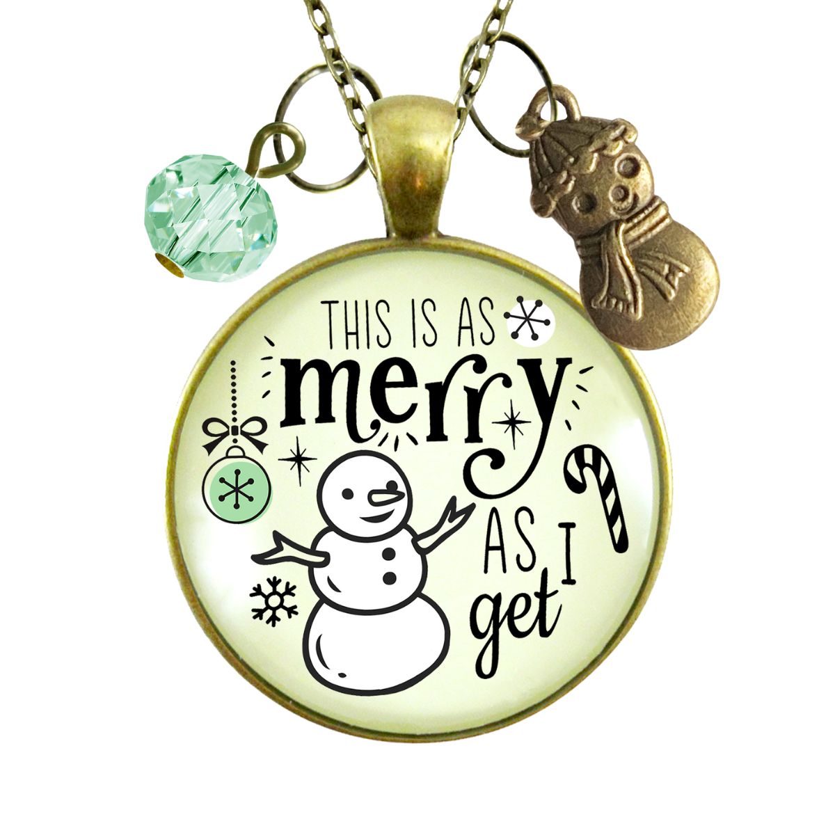 Christmas Snowman Necklace As Merry As I Get Funny Holiday Seasonal Jewelry Charm Beads Glass Pendant