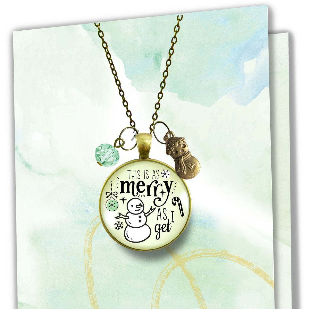 Christmas Snowman Necklace As Merry As I Get Funny Holiday Seasonal Jewelry Charm Beads Glass Pendant