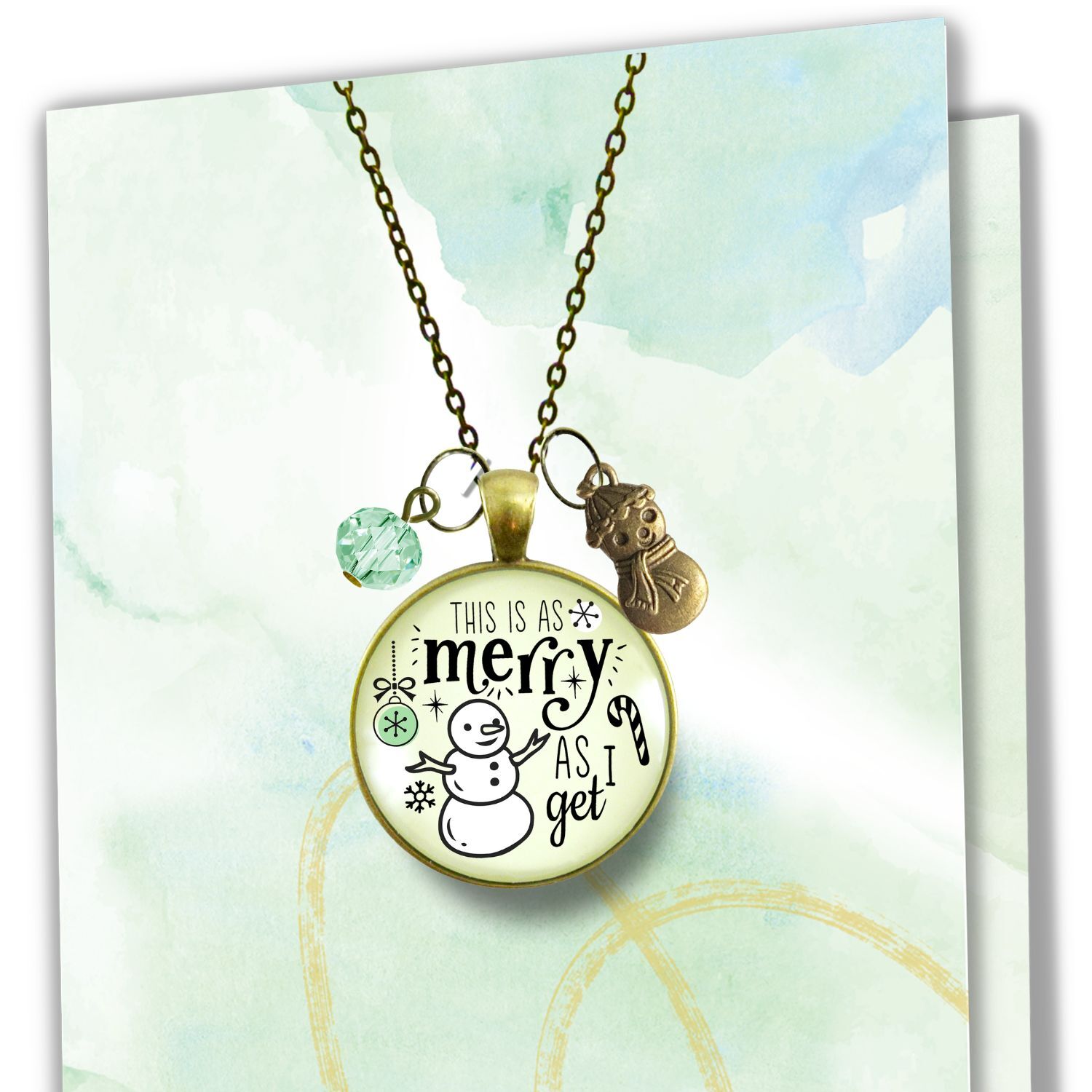 Christmas Snowman Necklace As Merry As I Get Funny Holiday Seasonal Jewelry Charm Beads Glass Pendant