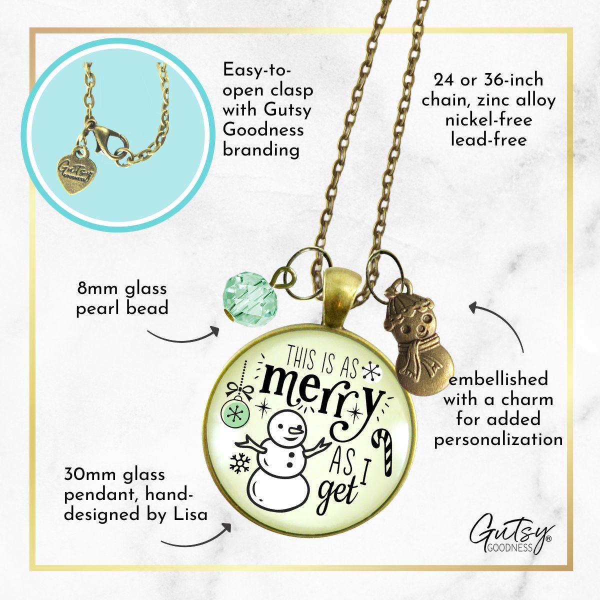 Christmas Snowman Necklace As Merry As I Get Funny Holiday Seasonal Jewelry Charm Beads Glass Pendant  Necklace - Gutsy Goodness Handmade Jewelry