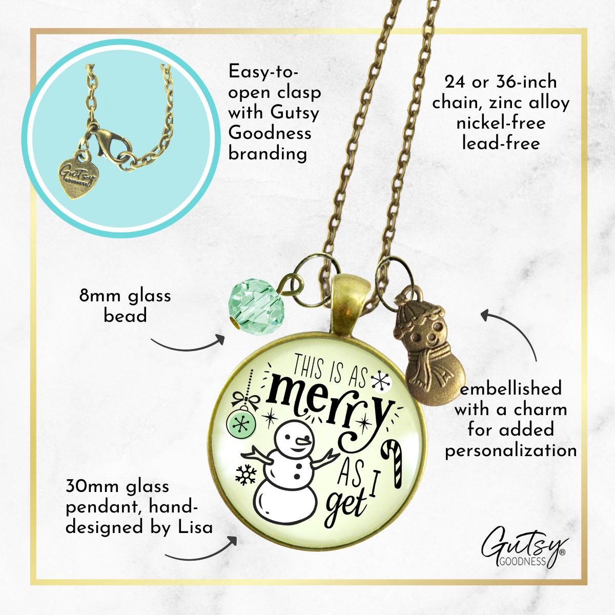 Christmas Snowman Necklace As Merry As I Get Funny Holiday Seasonal Jewelry Charm Beads Glass Pendant