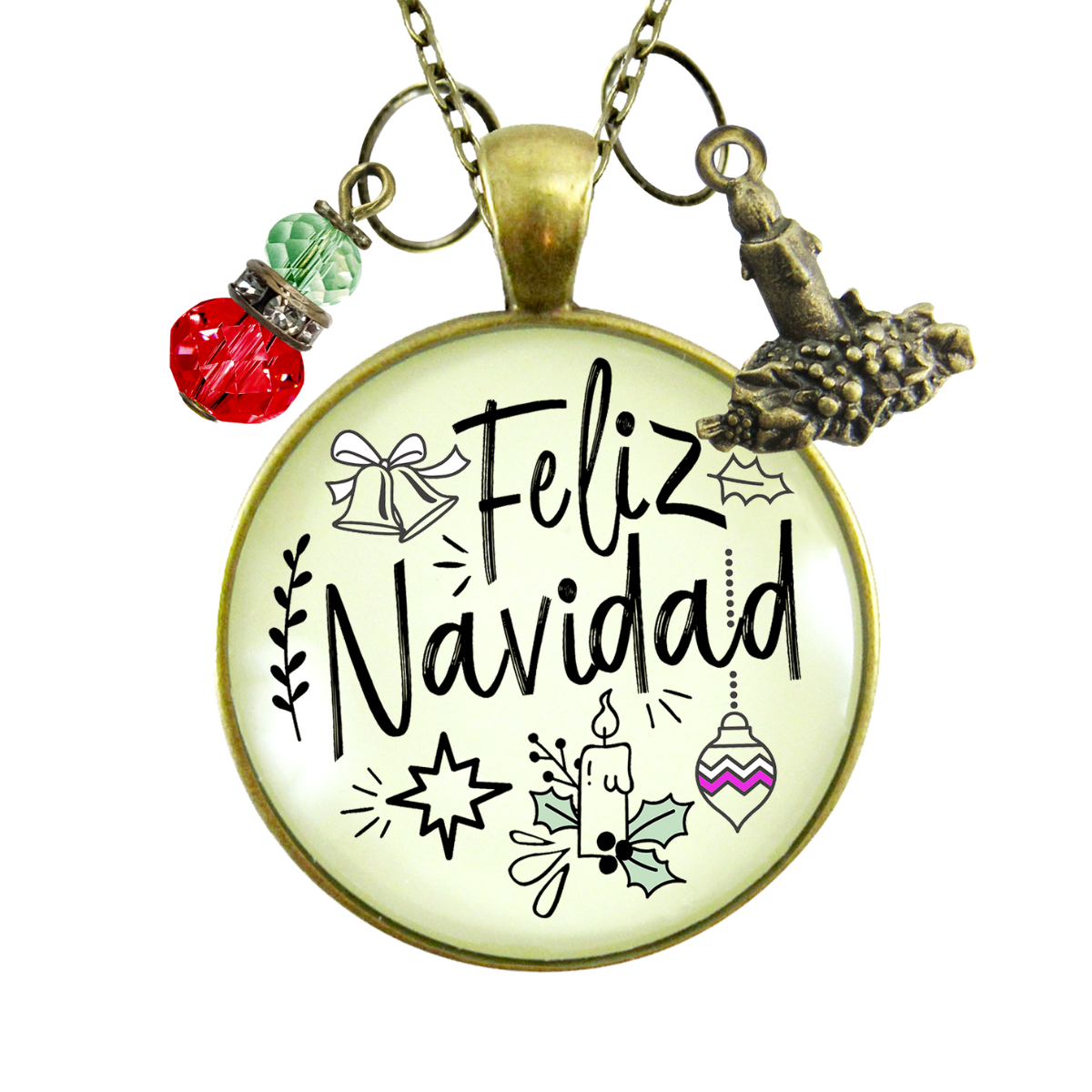 Feliz Navidad Necklace Merry Christmas Gift Jewelry For Her Candle Charm Red Green Beads Holiday Pendant  Necklace - Gutsy Goodness Handmade Jewelry