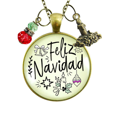Feliz Navidad Necklace Merry Christmas Gift Jewelry For Her Candle Charm Red Green Beads Holiday Pendant