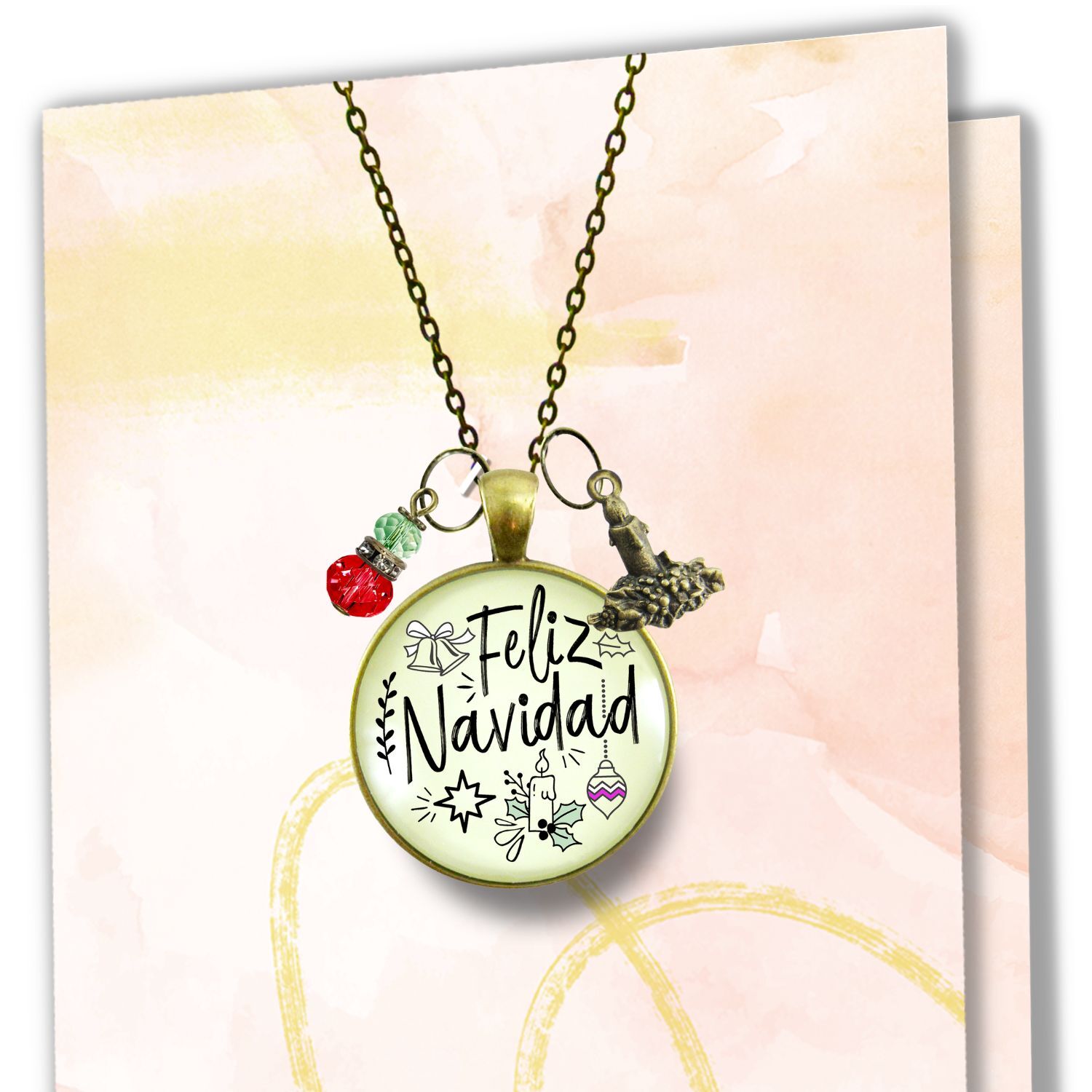 Feliz Navidad Necklace Merry Christmas Gift Jewelry For Her Candle Charm Red Green Beads Holiday Pendant
