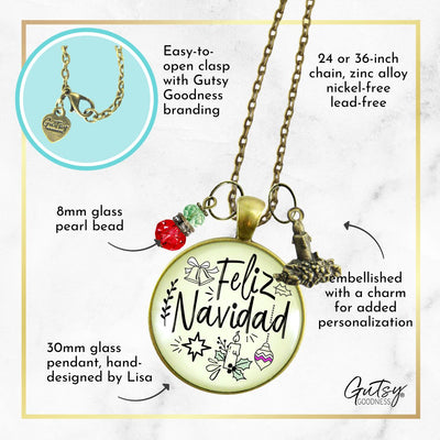 Feliz Navidad Necklace Merry Christmas Gift Jewelry For Her Candle Charm Red Green Beads Holiday Pendant  Necklace - Gutsy Goodness Handmade Jewelry
