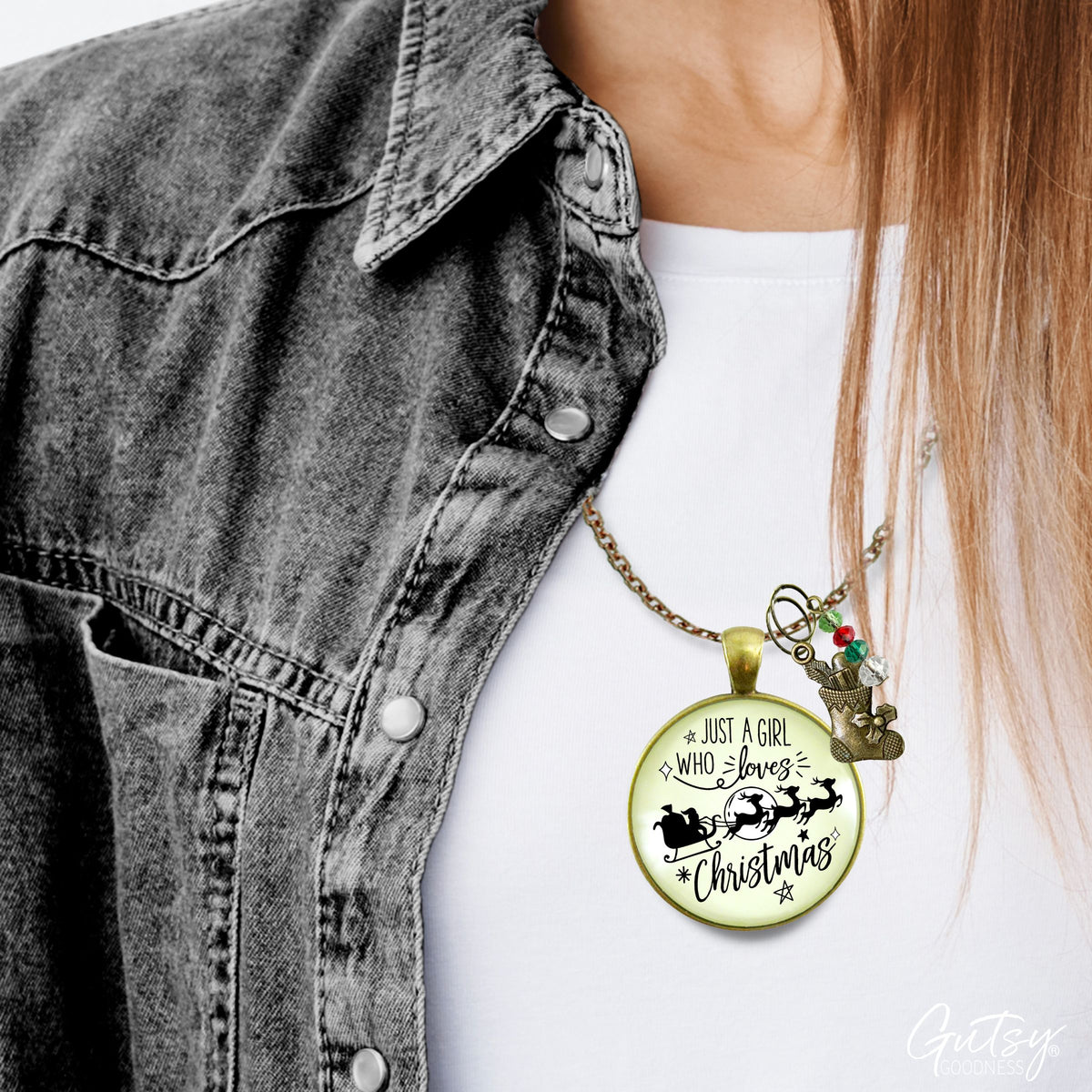 Christmas Reindeer Necklace Just a Girl Who Loves Christmas Pendant Stocking Charm Handmade Pendant