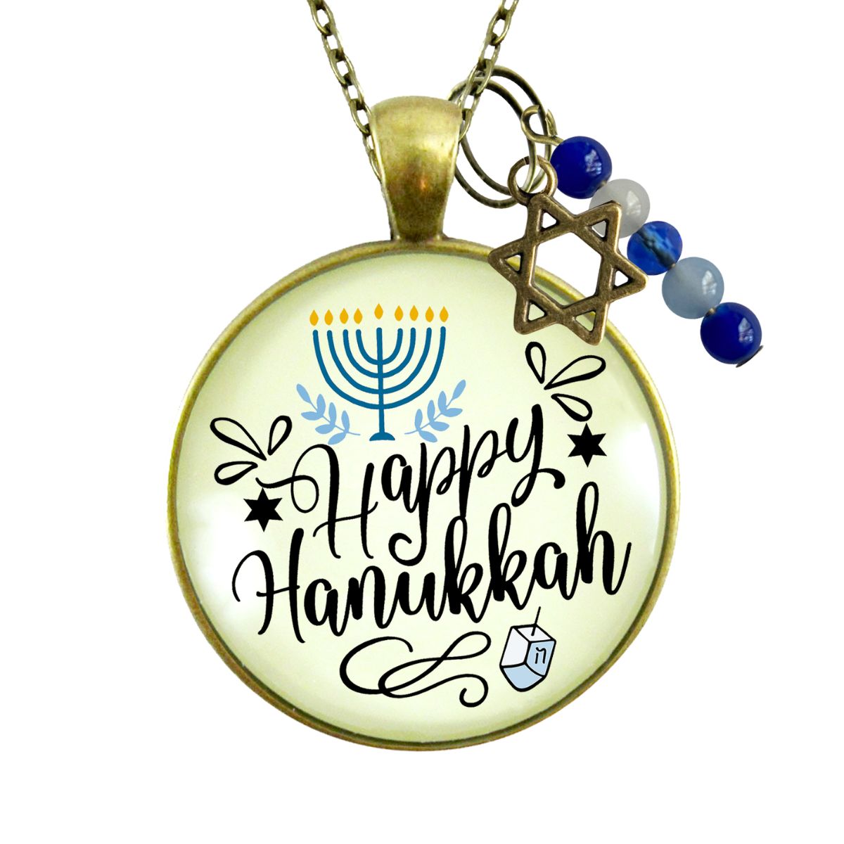 Happy Hanukkah Necklace Handmade Festive Holiday Jewelry Gift For Women Blue Bead Star of David Charm