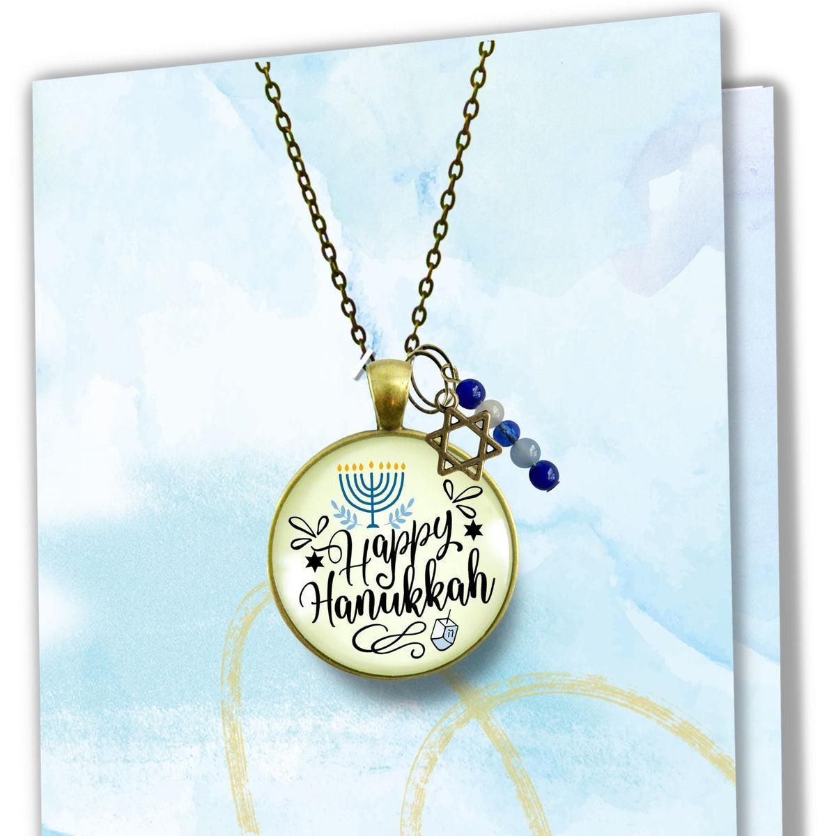 Happy Hanukkah Necklace Handmade Festive Holiday Jewelry Gift For Women Blue Bead Star of David Charm