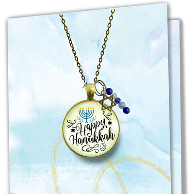 Happy Hanukkah Necklace Handmade Festive Holiday Jewelry Gift For Women Blue Bead Star of David Charm