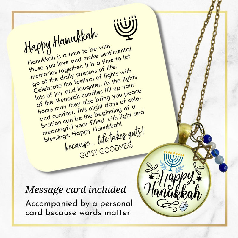 Happy Hanukkah Necklace Handmade Festive Holiday Jewelry Gift For Women Blue Bead Star of David Charm