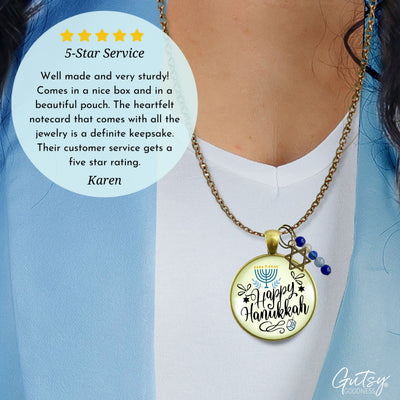 Happy Hanukkah Necklace Handmade Festive Holiday Jewelry Gift For Women Blue Bead Star of David Charm