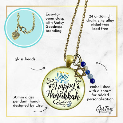 Happy Hanukkah Necklace Handmade Festive Holiday Jewelry Gift For Women Blue Bead Star of David Charm