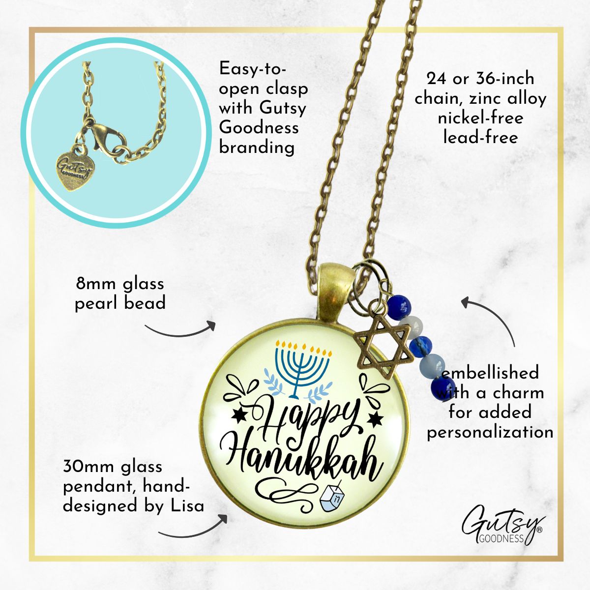 Happy Hanukkah Necklace Handmade Festive Holiday Jewelry Gift For Women Blue Bead Star of David Charm  Necklace - Gutsy Goodness Handmade Jewelry