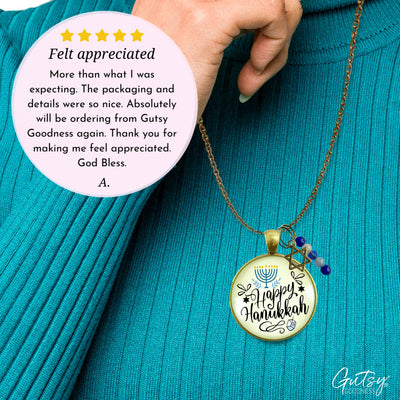 Happy Hanukkah Necklace Handmade Festive Holiday Jewelry Gift For Women Blue Bead Star of David Charm  Necklace - Gutsy Goodness Handmade Jewelry