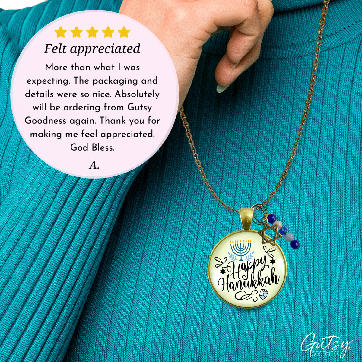 Happy Hanukkah Necklace Handmade Festive Holiday Jewelry Gift For Women Blue Bead Star of David Charm