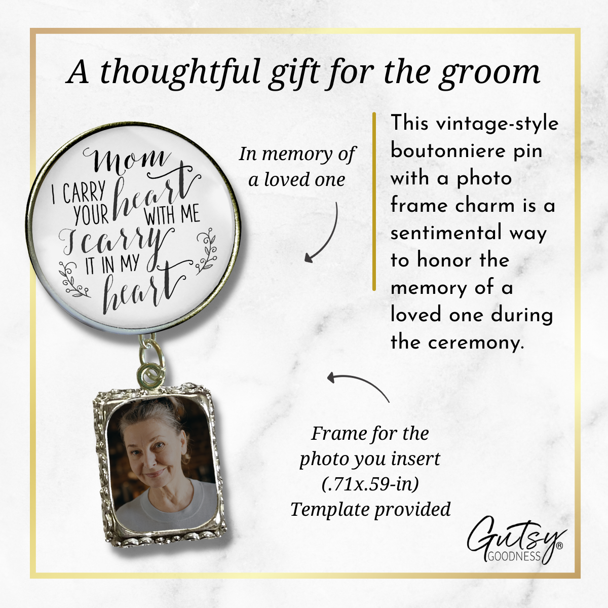 Wedding Memorial Boutonniere Pin Photo Frame Honor Mom Carry Heart Silver - Gutsy Goodness