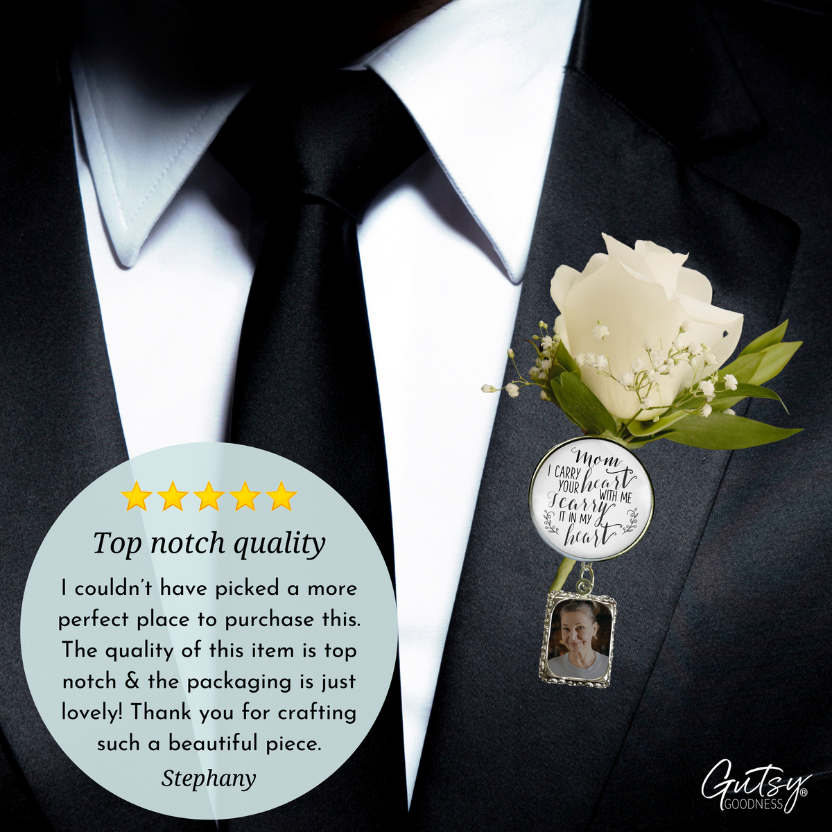 Wedding Memorial Boutonniere Pin Photo Frame Honor Mom Carry Heart Silver - Gutsy Goodness