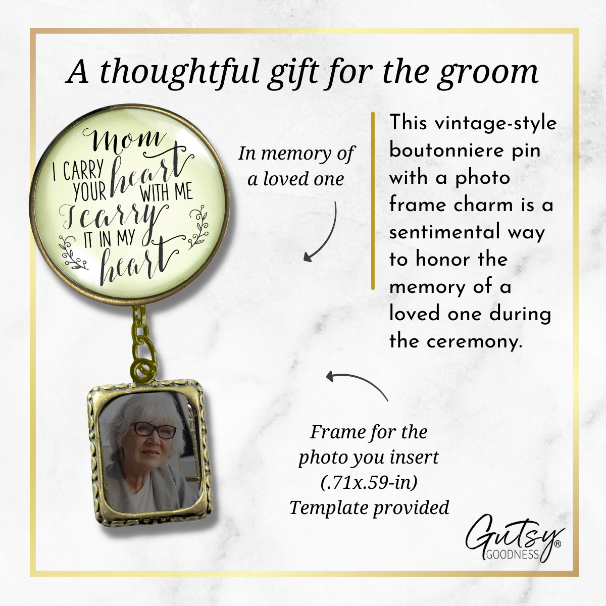 Wedding Memorial Boutonniere Pin Photo Frame Honor Mom Carry Heart Vintage Cream - Gutsy Goodness